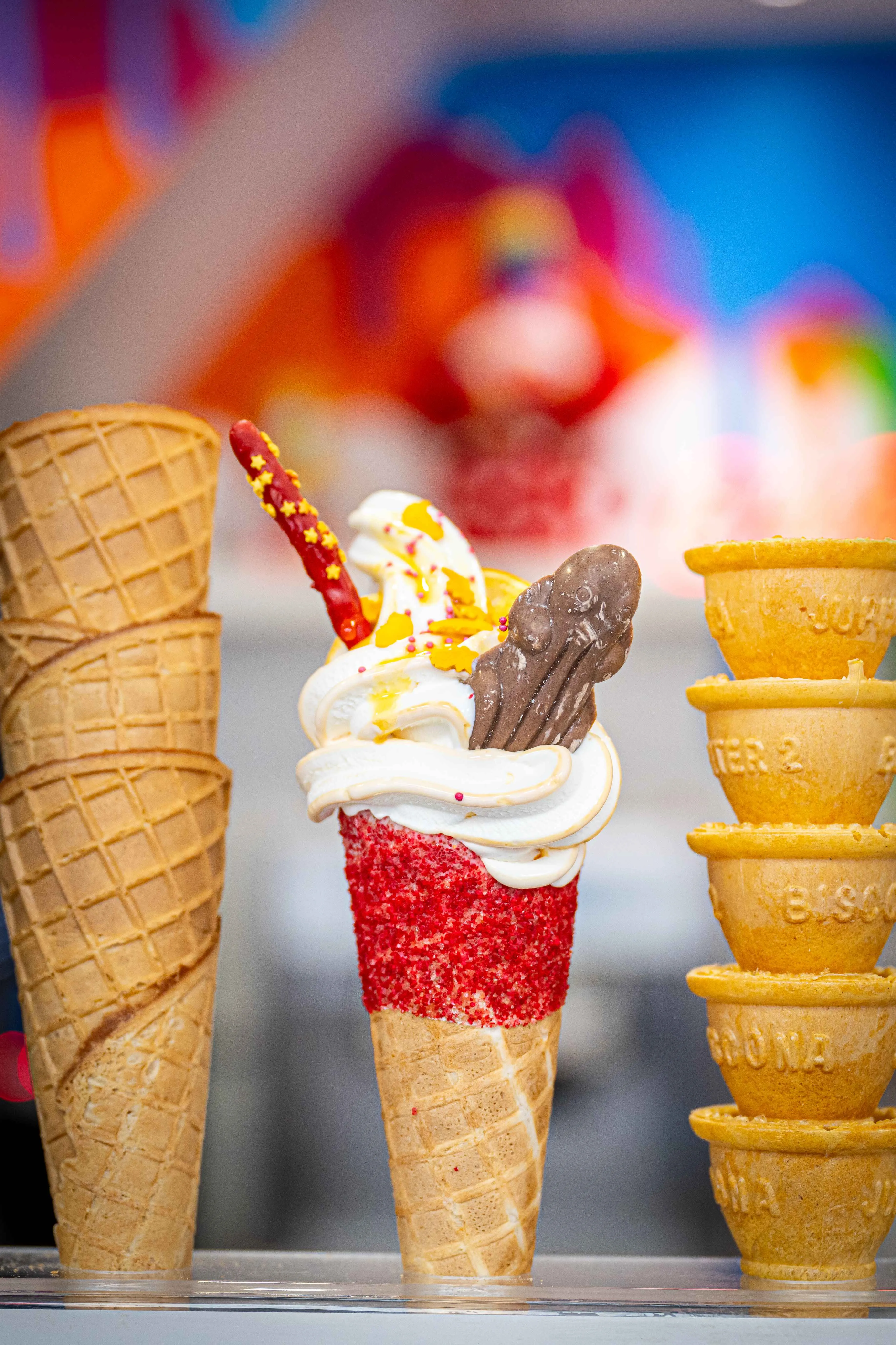 Loopy Scoops wizard ice-cream with chocolate frog and yellow sprinkles